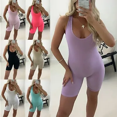 Women's Ladies All In One Ribbed Playsuit Unitard Muscle Vest Style Jumpsuit • £10.90