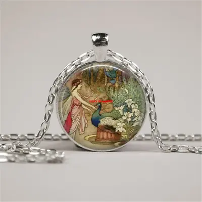 $1.89 • Buy Vintage Fairy Jewelry ,peaock Glass Cabochon Tibet Silver Pendant Chain Necklace