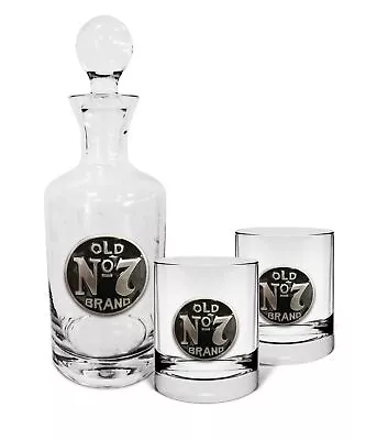 Jack Daniels Crystal Glass Decanter And Set Of 2 Spirit Glasses With Metal Ba... • $99.95