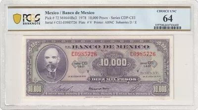 Banco De Mexico P#72 M4844Bc3 1978 10000 Pesos  Series CDP-CEI PCGS ChUNC 64 • $350