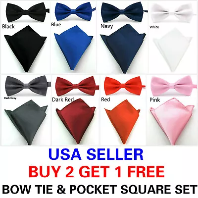Men's Bow Tie Bowtie & Pocket Square Hanky Set Solid Color Wedding Party Prom • $7.59