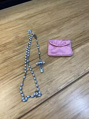 Vintage Light Blue Beaded Rosary Pink Pouch Italy Cross Crucifix Catholic KG • $15