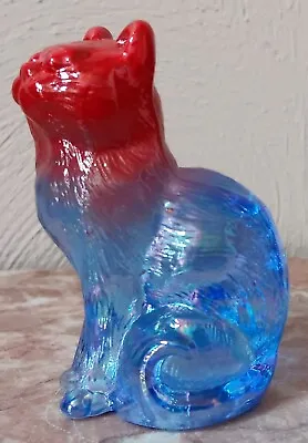 Blue Carnival Solid Glass Sitting Cat Kitty Kitten Airbrushed Red - Mosser • $36.99