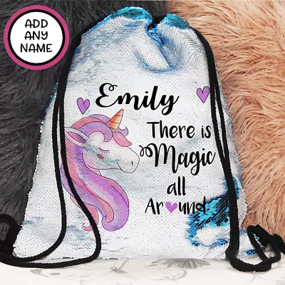 $25.95 • Buy Personalised Unicorn Magic Sequin Bag Backpack Drawstring Christmas Girls Gift