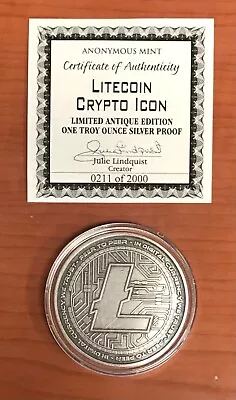 1 Oz .999 Silver Anonymous Mint LITECOIN ICON Antique Proof Round MINTAGE 2000! • $87.95