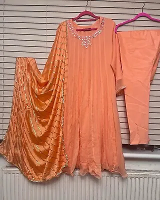 Indian/Pakistani Chiffon Maxi Dress 3pc Stitched Punjabi Suit Kameez Salwar L • £25