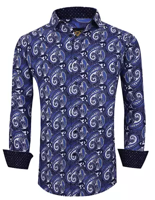 Mens PREMIERE PAISLEY BLUE Long Sleeve BUTTON UP Dress Shirt FANCY CUFFS  750 • $44.98