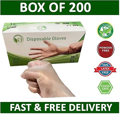 ⚡BOX OF 200⚡Clear Disposable Gloves Powder Latex Vinyl Free Medical Work Tattoo • £5.95