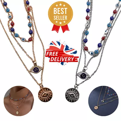 Evil Eye 3 Layered Necklace Gold Or Silver Pendant Lucky Protection Charm • £6.99