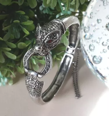 Vtg Sterling Silver 925 Marcasite Panther/cat Bangle W Garnet 6 1/2  26.7gr #4ny • $39