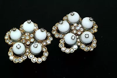 Vtg KJL Kenneth J Lane Milk Glass Rhinestone Gold Tone 1.5  Clip Back Earrings • $45