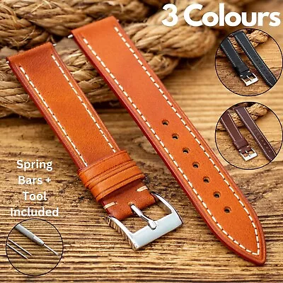 Wax Leather Watch Straps - Black Brown 20mm 22mm - Vintage Style - Tool Included • $52.55