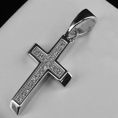 Solid Sterling Silver Pave Set Cross Simulated Diamond Pendant Charm Special • $195.50