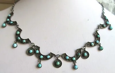 $9.99 • Buy Vintage 925 Sterling Silver Filigree Work Turquoise Cabochons Scallop Necklace