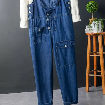 Men Overalls Jeans Vintage Denim Bib Pants Pockets Jumpsuit Trousers Casual Blue • $54.60