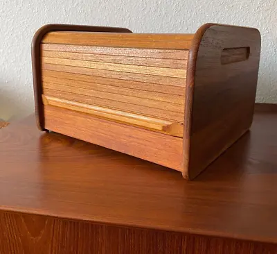 Vintage Teak Roll Top Box Organizer  38 CD Storage Tambour Box • $40