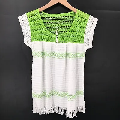 Handmade Mexican Cap-Sleeve Crochet Yoke Embroidered Babydoll Top White Green S • $22.50