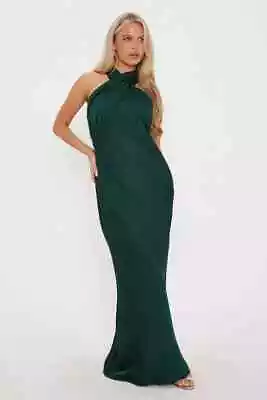 Oasis Dark Green Petite Satin Twist Halter Neck Maxi Dress Size UK 12 (B23) • £40