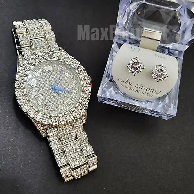 Men Hip Hop Jewelry Iced Silver Pt Metal Bling Watch & Cz Earrings Gift Set • $13.99