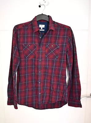 Mens Red Blue Tartan Button Up S Next Long Sleeve Shirt Check Collared Pocket • £6