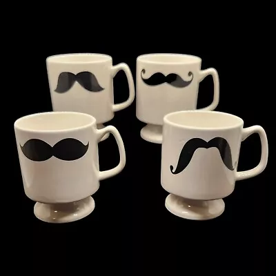 Set Of 4 White Pedestal Mustache Coffee Tea Mugs Cups 10 Ounces • $24.90