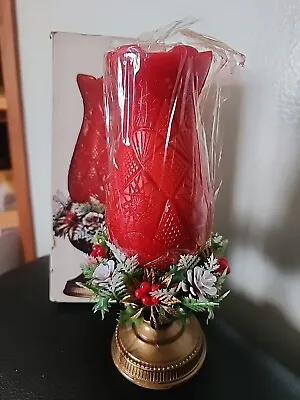 Vintage Hurricane Classic Candle And Holder Red Gold Floral • $12.99