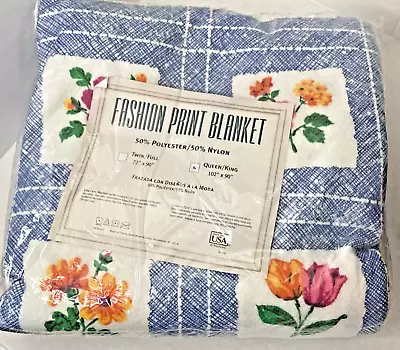 Owens Manufacturing Vintage Denim Blue Florals Print Blanket Queen 102 X 90 • $44.99