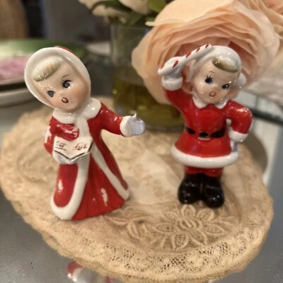 $30 • Buy Vintage Salt And Pepper Shakers Napco Girl Boy Christmas Carol Candy Cane
