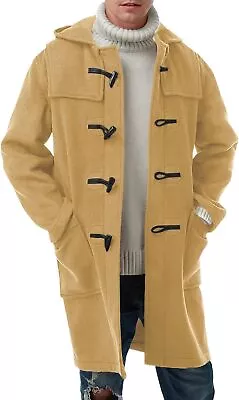 PASLTER Mens Trench Coat Fall Winter Wool Blend Pea Hooded Duffle Coat Warm Work • $70.98