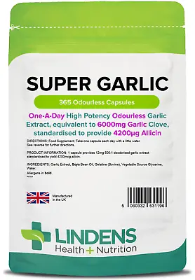 Lindens Super Garlic Odourless Capsules - 365 Pack - High Strength 6000mg • £16.99