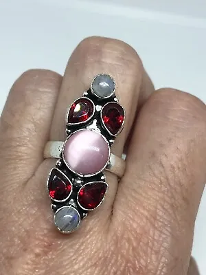 Vintage Silver Synthetic Pink Cats Eye Ruby Glass Rainbow Moonstone Ring • $52