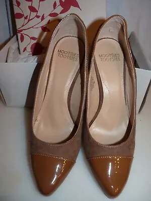 Mooties Tooties Suede Patent Tan 3 1/4 Inch Heels Size 8M - NIB • $20