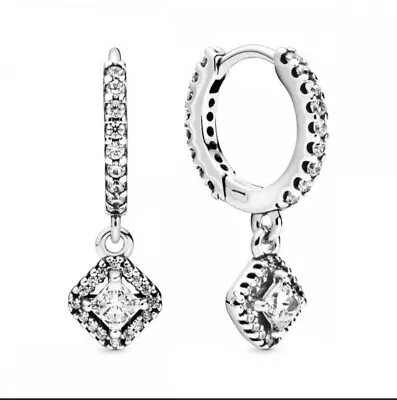 Square Sparkle Hoop Drop CZ Zirconia Pandora Earrings -S925 Sterling Silver • £19.99