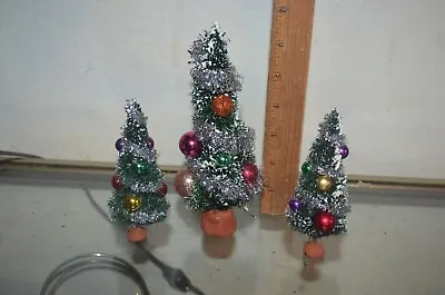 Miniature Bottle Brush Christmas Trees Lot Of 3 Decorated Silver Garland • $12