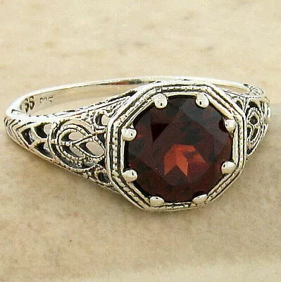 Art Deco Style Genuine Garnet 925 Sterling Silver Solitaire Filigree Ring   869x • $38.99