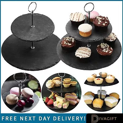 2 Tier Natural Slate Cake Stand Afternoon Tea Wedding Plates Party Tableware • £6.65