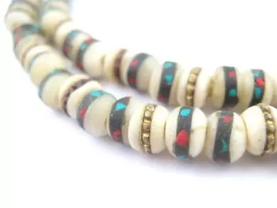 Vintage Inlaid Bone Mala Beads 6mm Nepal Multicolor Round 21 Inch Strand • $21.50