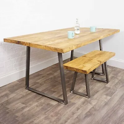 Dining Table Wooden Solid Kitchen Oak Style Furniture Metal Trapezium Steel Legs • £271.95