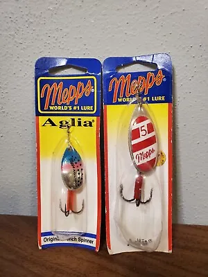 Two Vintage MEPPS AGLIA #3 & #5 Fishing Lures RED SILVER Rainbow New In Box • $12