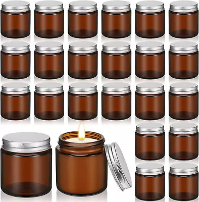 24 Pcs Glass Candle Jars With Lids Bulk 4 Oz Amber Round Empty Candle Container • $38.77