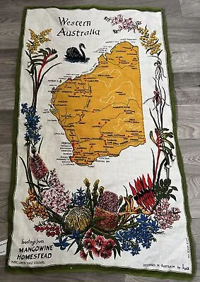 Vintage Tea Towel Western Australia Map Flowers Pure Linen Mangowine Homestead • £5