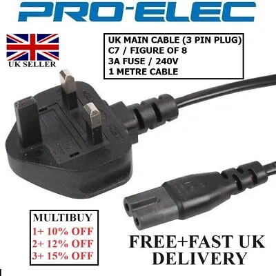 1M C7 Figure 8 Power Cord UK 3 Pin Plug To Power Lead Fig 8 Power Cable Mains • £4.49