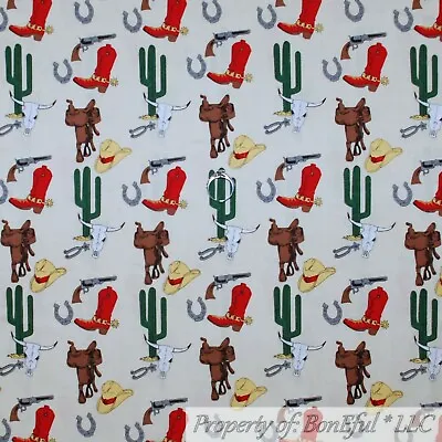 BonEful Fabric FQ Cotton Quilt US Cowboy Boots Rodeo Boy Horse Shoe Gun Longhorn • $5.07