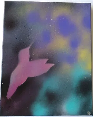 Abstract Painting Of Pink Hummingbird In Yellow And Purple Flowers 14x11 Canvas  • £40.50