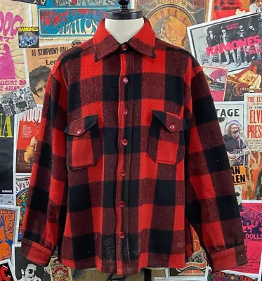 VTG Mens 60s Red Buffalo Plaid Two Pocket 58 Chest Wool Shirt Jacket XL/XXL • $48