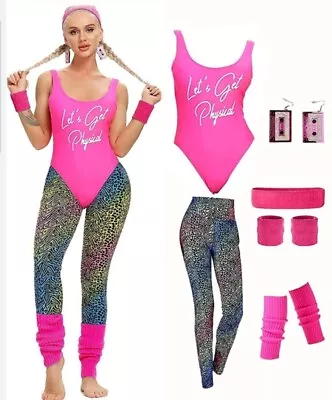 Womens 80S Workout Costume Outfit 80S Accessories Set Leotard Neon Legging Headb • $59.99