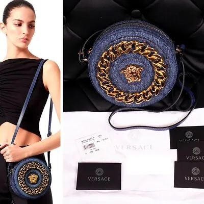 NEW $1695 VERSACE Denim & Leather Gold LA MEDUSA CHAIN Logo DISCO ROUND BAG NWT • $1459.12