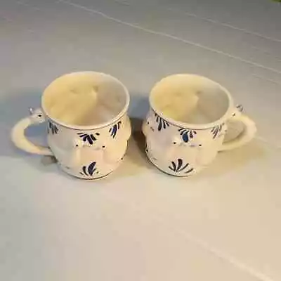 Pair 2 DELFT BLUE 3D Embossed Geese Ducks Coffee Mugs Vintage Hand Painted DAIC • $24.99