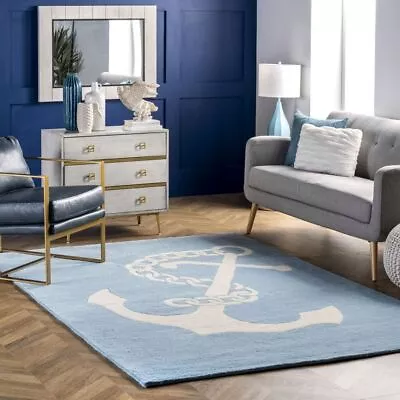 Nautical Anchor Baby Blue Hand-Tufted 100% Wool Soft Area Rug Carpet • £246.76