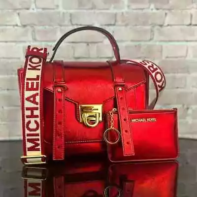 MICHAEL KORS MANHATTAN MEDIUM SATCHEL CROSSBODY SHOULDER BAG WALLET SET Metalic • $169